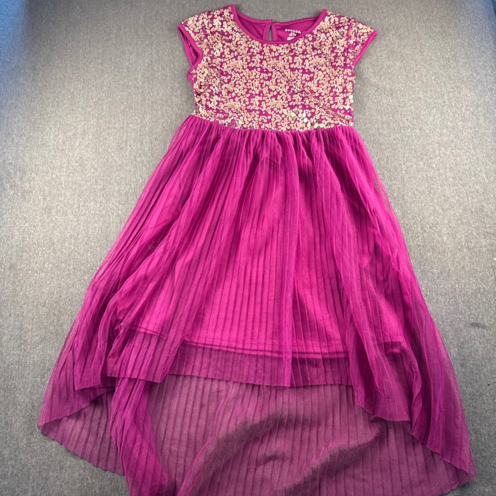 George Girls Magenta Sequin High Low Pleated Tulle Party Dress Size L 10-12